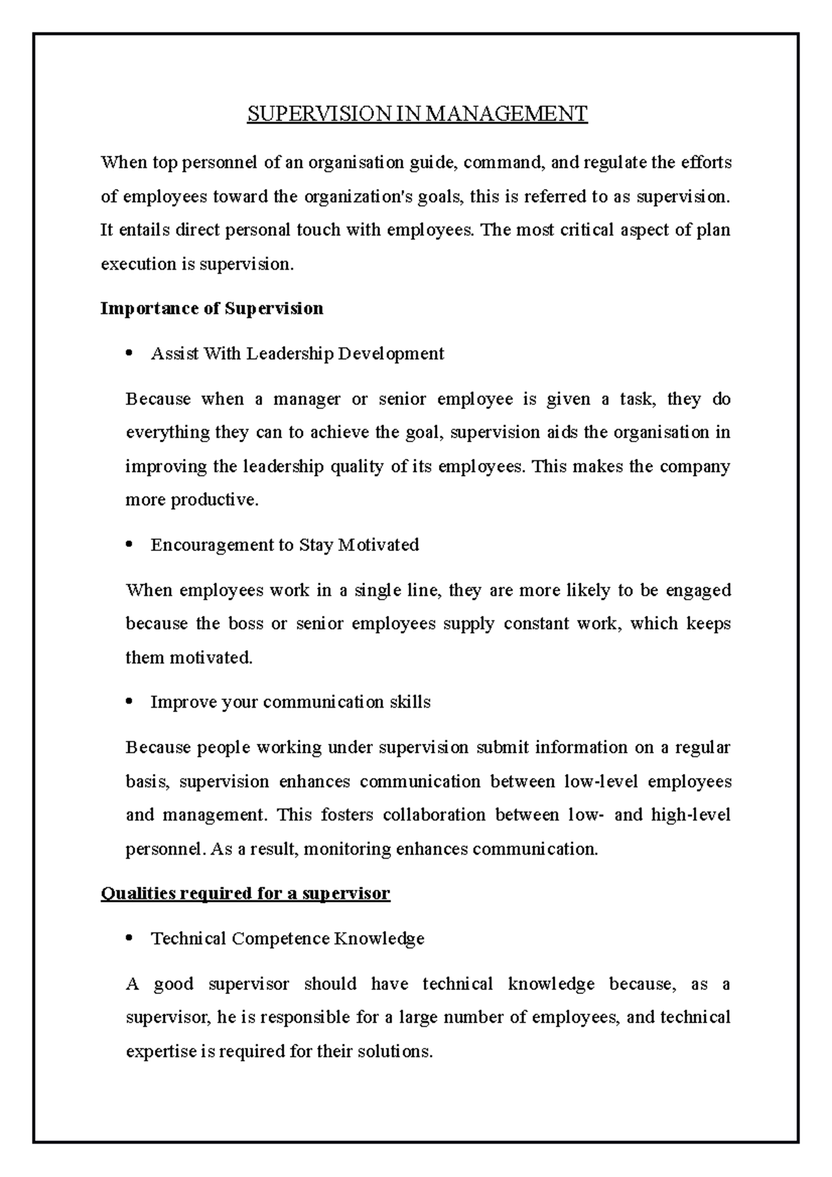 Supervision in Management - SUPERVISION IN MANAGEMENT When top ...