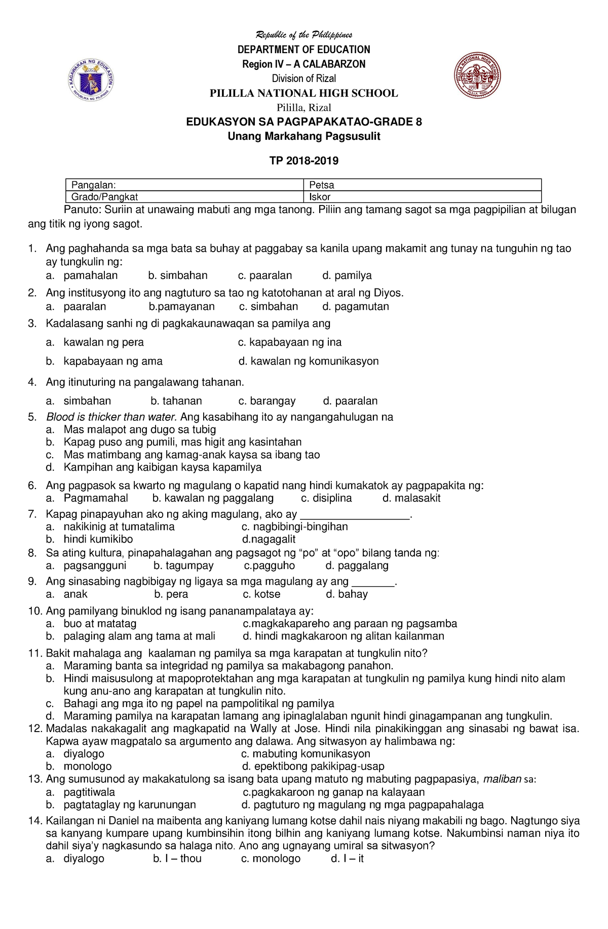 Grade 5 Q2 Esp Periodical Test Republic Of The Philip 