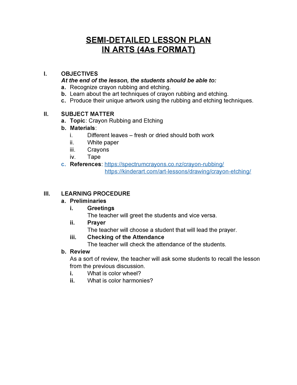 Arts Semi LP - Arts Semi-detailed Lesson Plan - SEMI-DETAILED LESSON ...