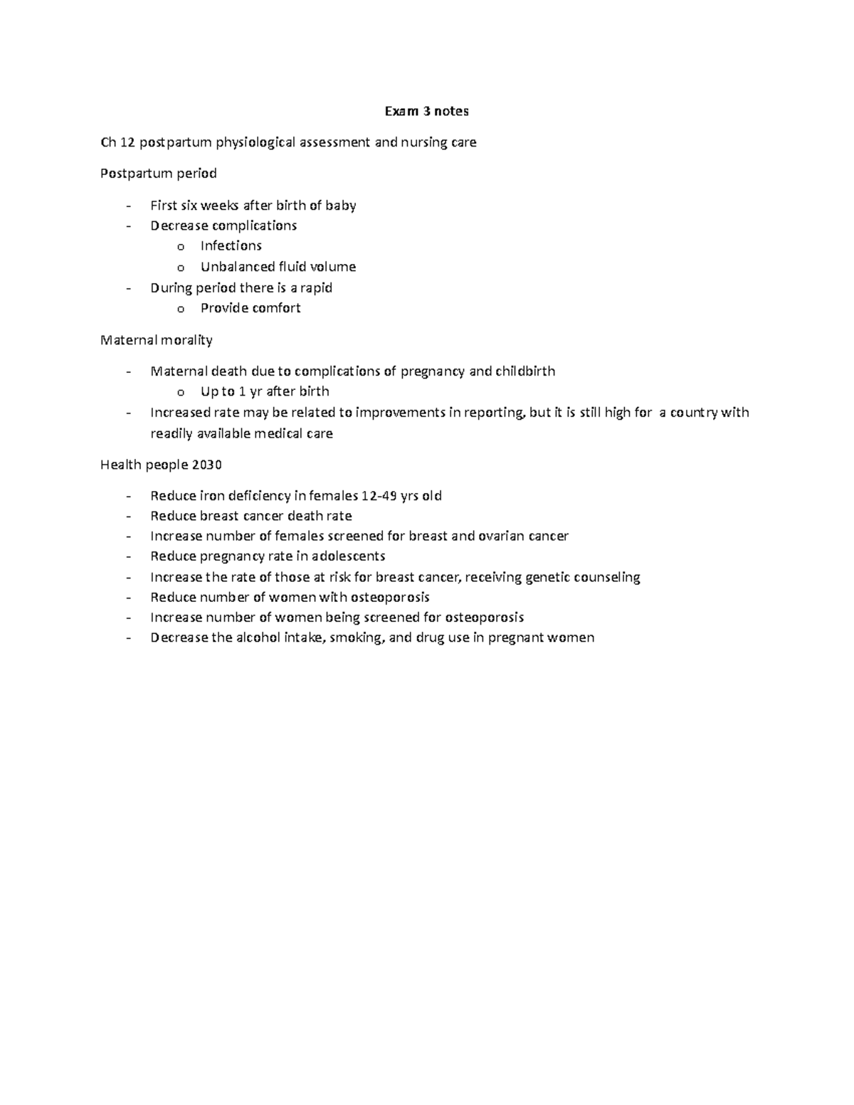 Exam 3 Notes - Exam 3 Notes Ch 12 Postpartum Physiological Assessment ...