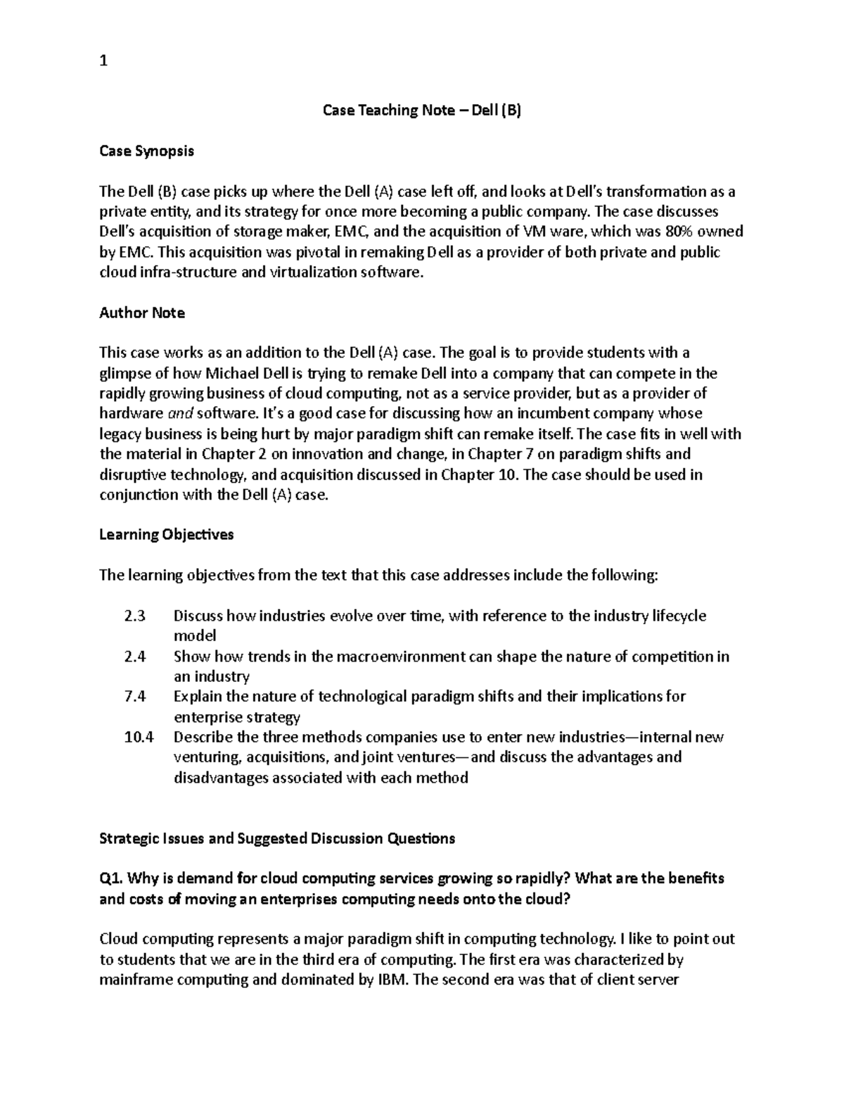 Canse 2 Dell (B) Analysis For Business Strategy - Case Teaching Note ...