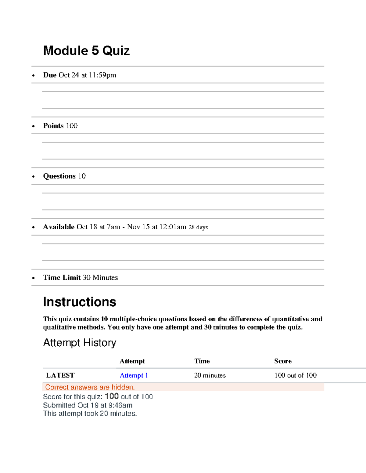 Modeule 5 Quiz - Research Methods - Module 5 Quiz Due Oct 24 at 11:59pm ...