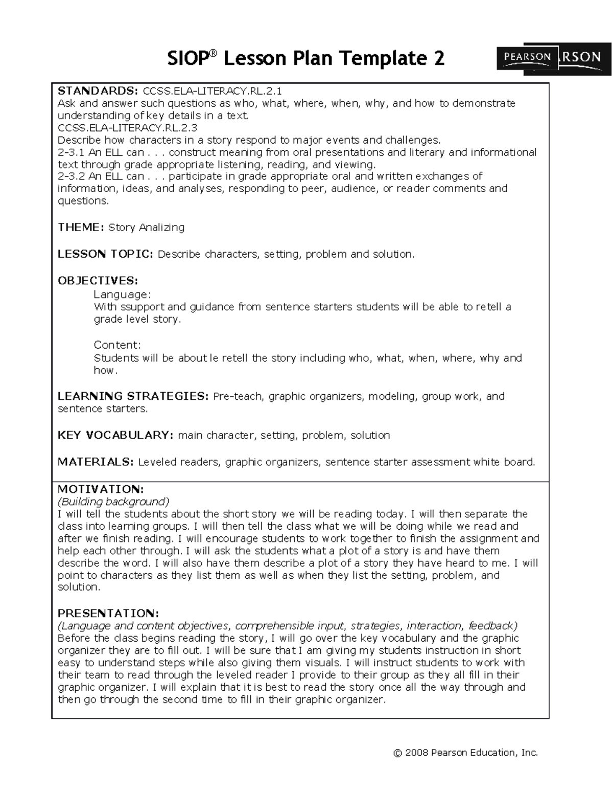 Blank SIOP Document - SIOP ® Lesson Plan Template 2 STANDARDS: CCSS.ELA ...