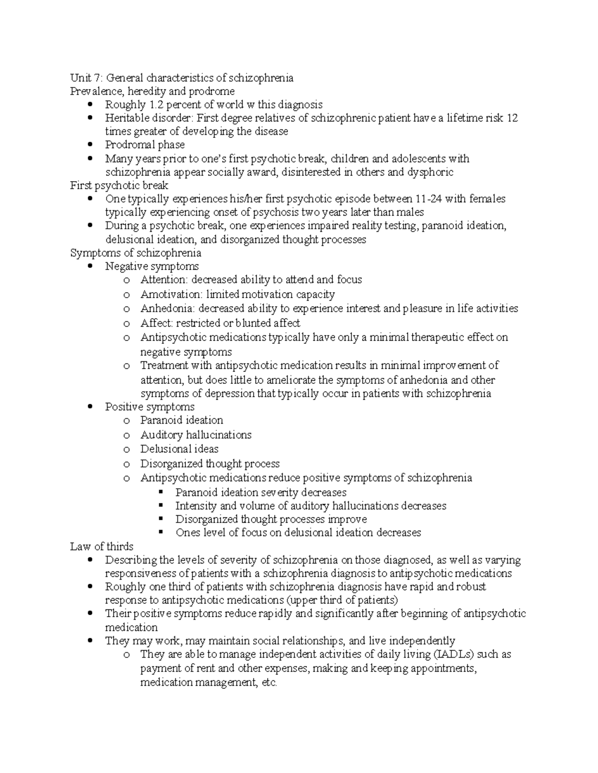 Ch. 7 lecture notes - Unit 7: General characteristics of schizophrenia ...