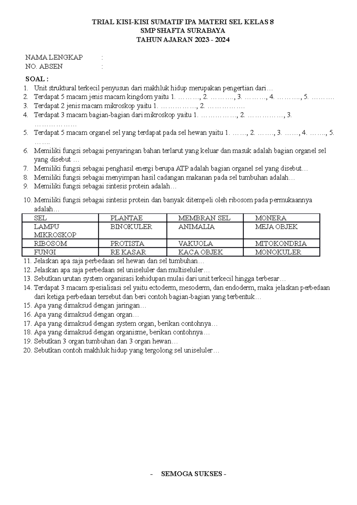 Trial KISI KISI Sumatif IPA Materi SEL Kelas 8 - TRIAL KISI-KISI ...