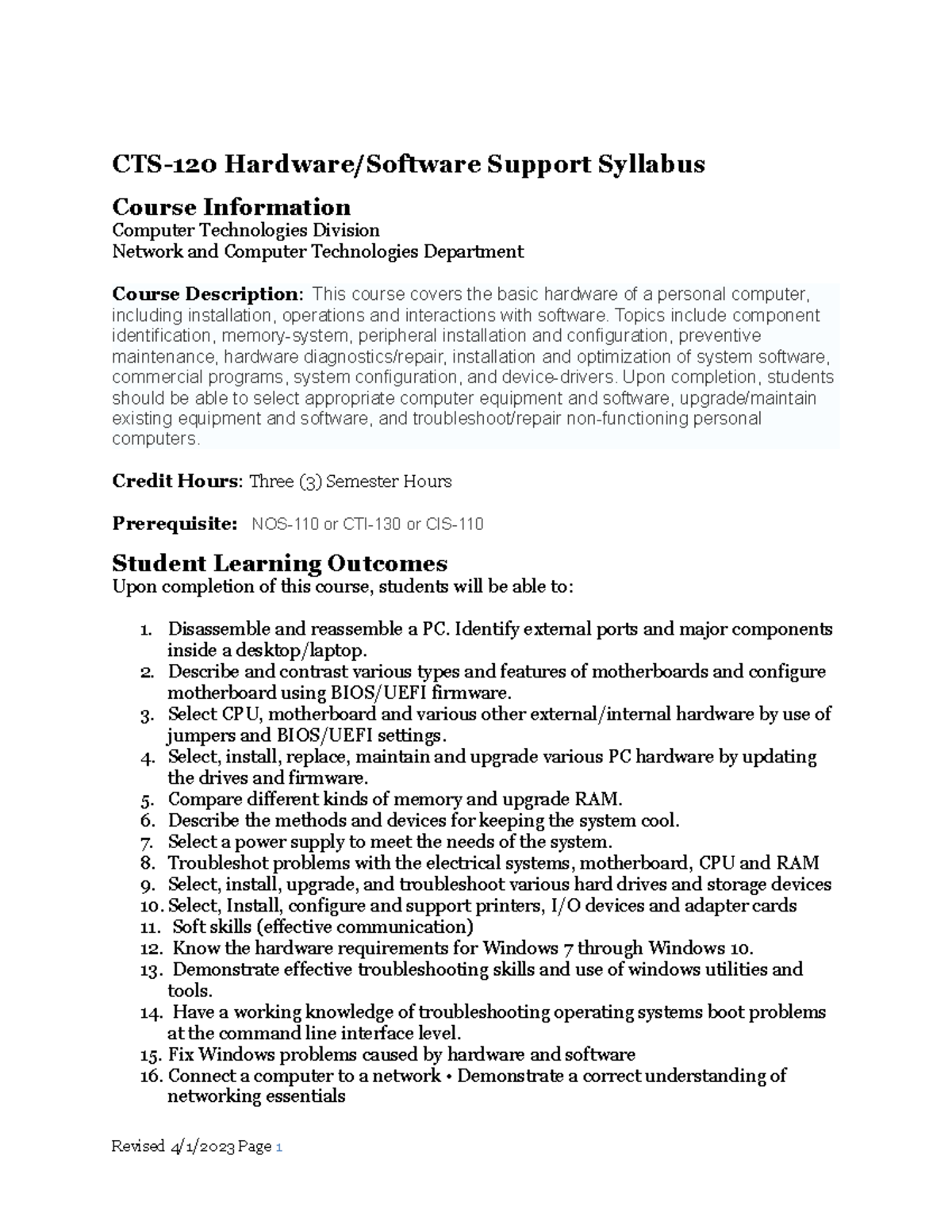 CTS120Syllabus Giahuahnj CTS120 Hardware/Software