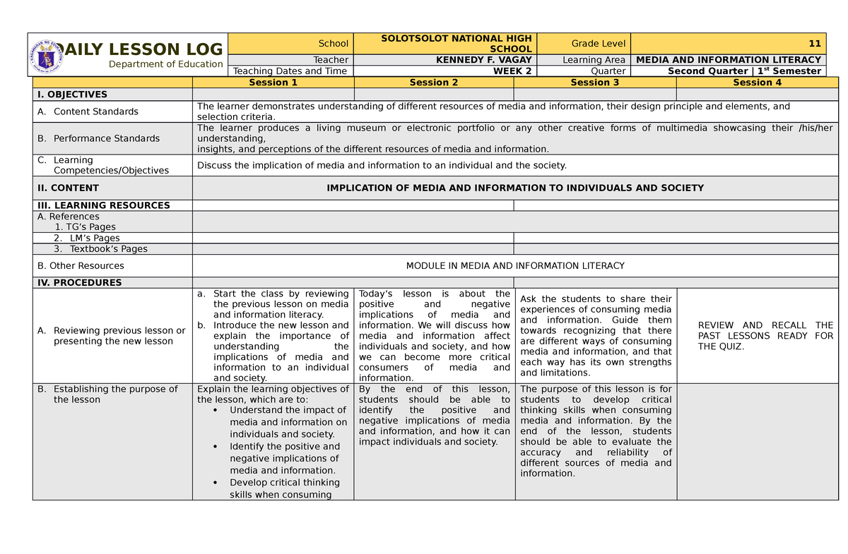 Dll MIL Quarter 2 WEEK 2 - Dll - DAILY LESSON LOG Department Of ...