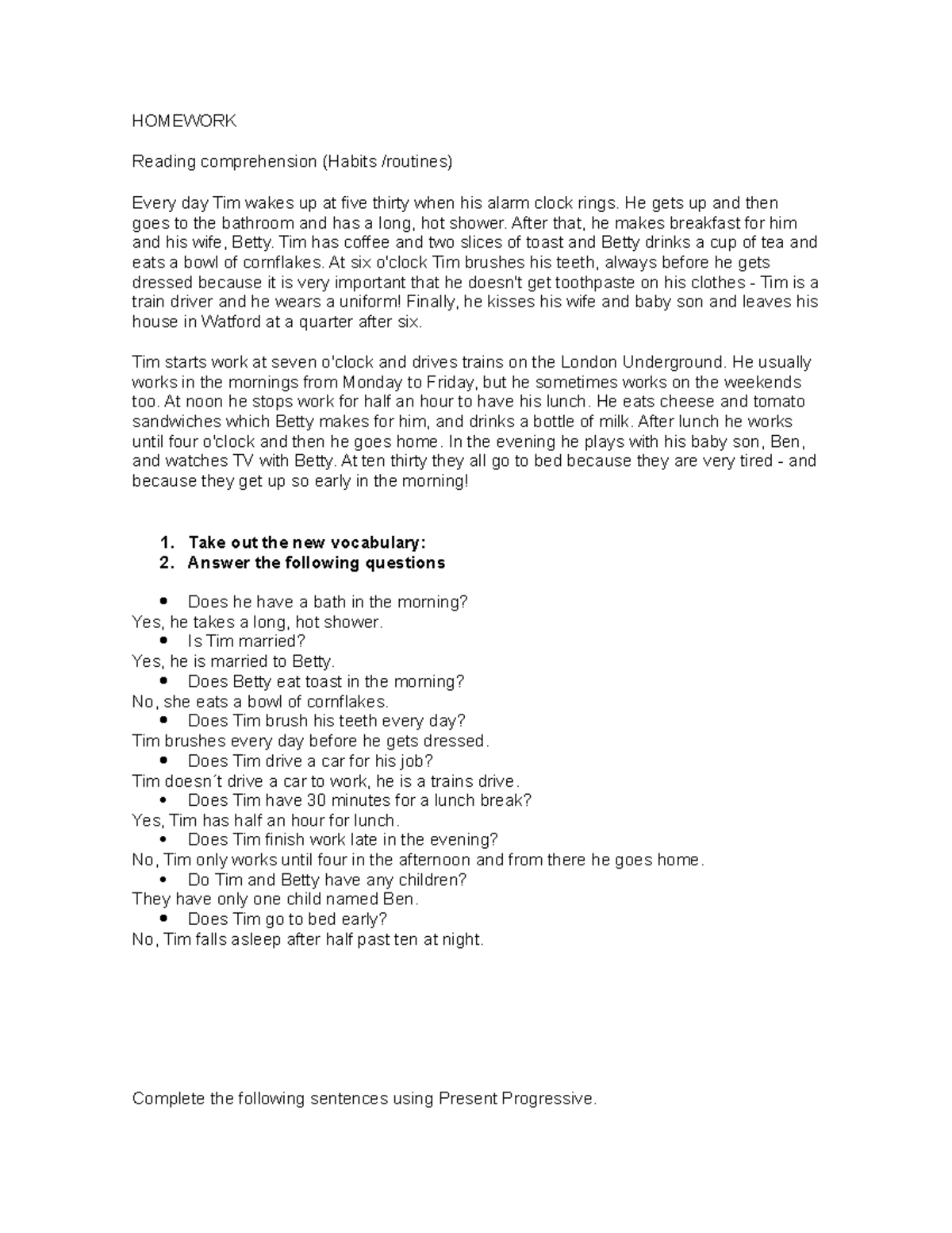 Homework - sena - HOMEWORK Reading comprehension (Habits /routines ...