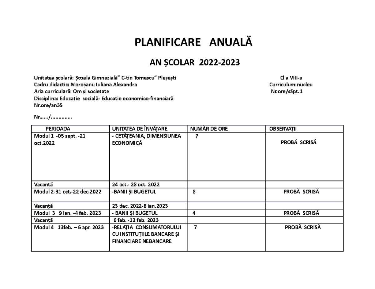 Planificare AnualĂ ȘI CalendaristicĂ CL.A 8 A ED - PLANIFICARE ANUALĂ ...