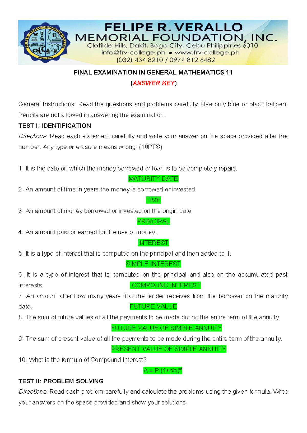 Final Examination IN General Mathematics 11 - FINAL EXAMINATION IN ...