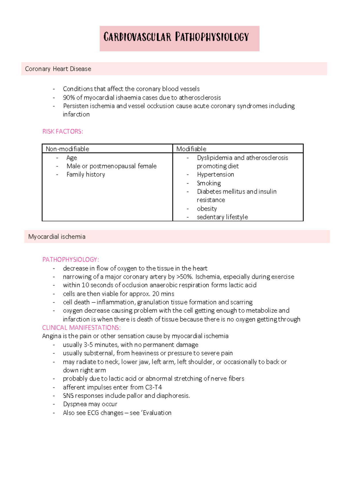 Cardiovascular Notes - Pathophysiology of cardiac disease - Conditions ...