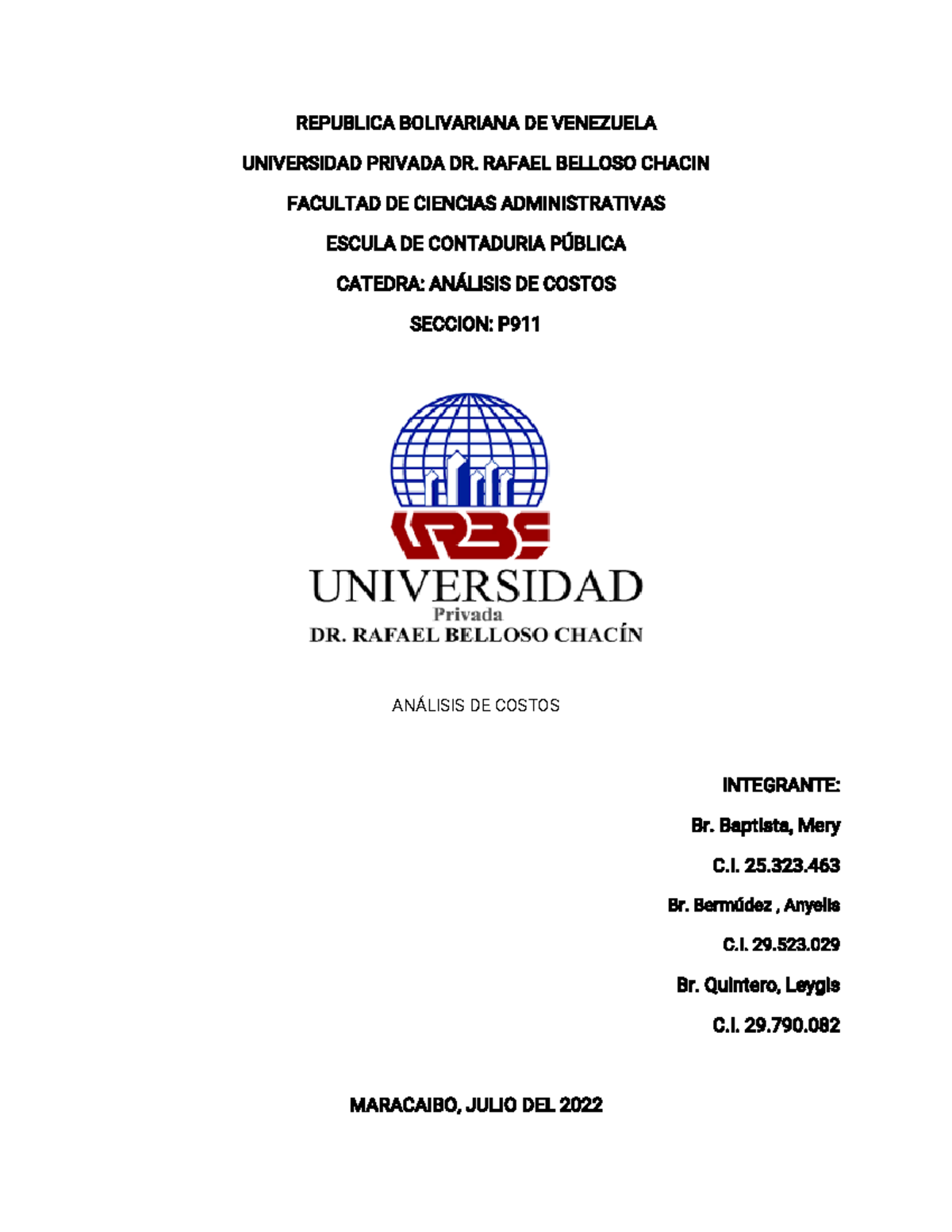 Analisis DE Costos - REPUBLICA BOLIVARIANA DE VENEZUELA UNIVERSIDAD ...