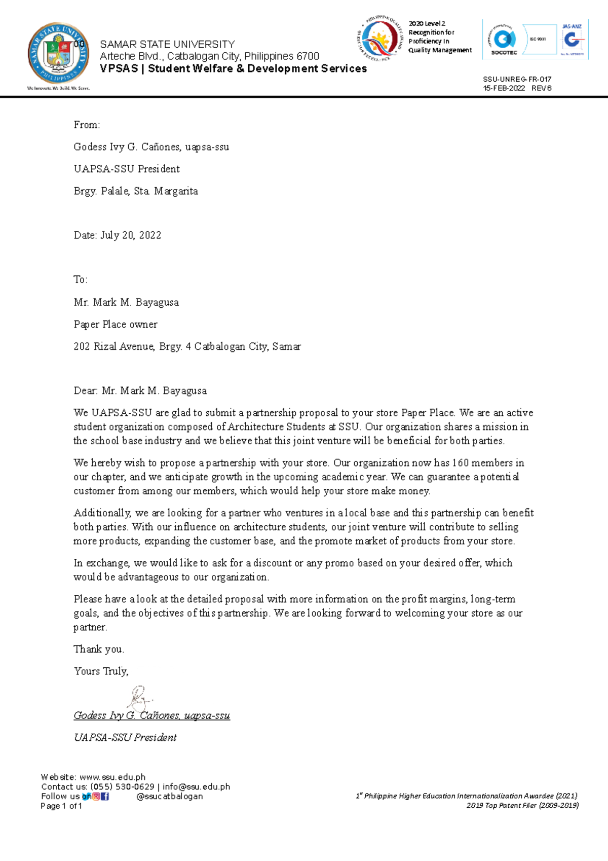 Proposal-Letter - for partnership - 00 From: Godess Ivy G. Cañones ...