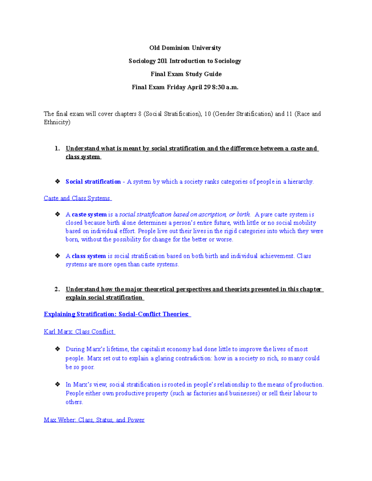 SOC 201S Final EXAM Study Guide Old Dominion University Sociology