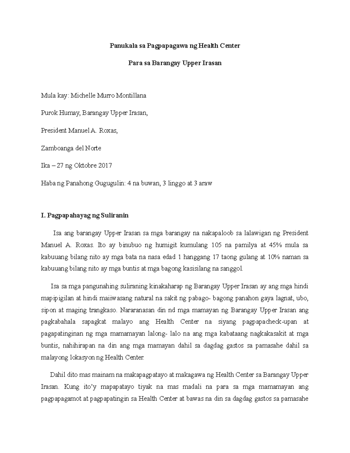 Panukalang Proyekto Sa Pagpapagawa Ng Health Center Panukala Sa