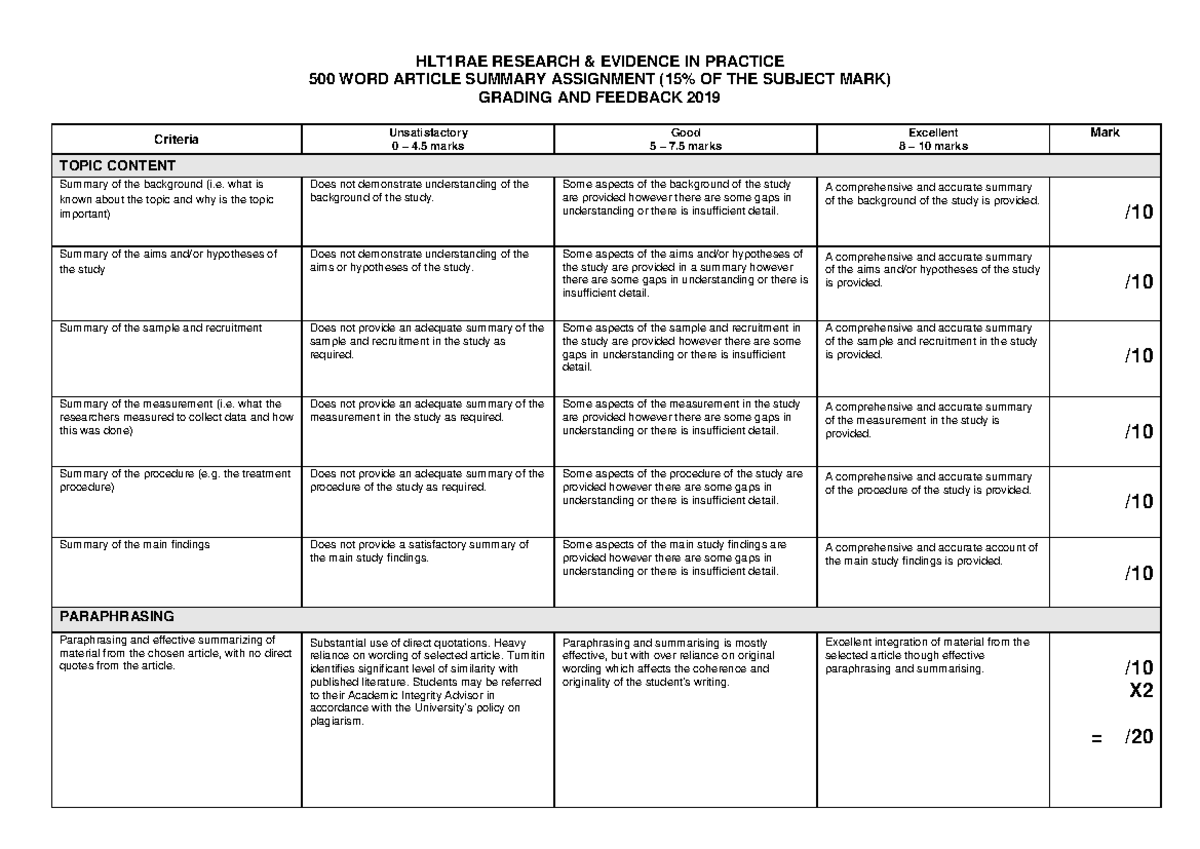 HLT1RAE Article Summary Rubric 2019 - HLT1RAE RESEARCH & EVIDENCE IN ...