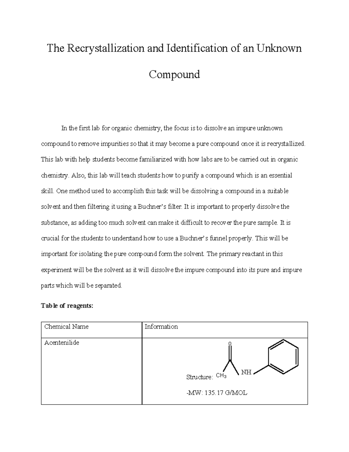 Ochem-lab1 Recrystallization And Identification Of An Unknown Compound ...