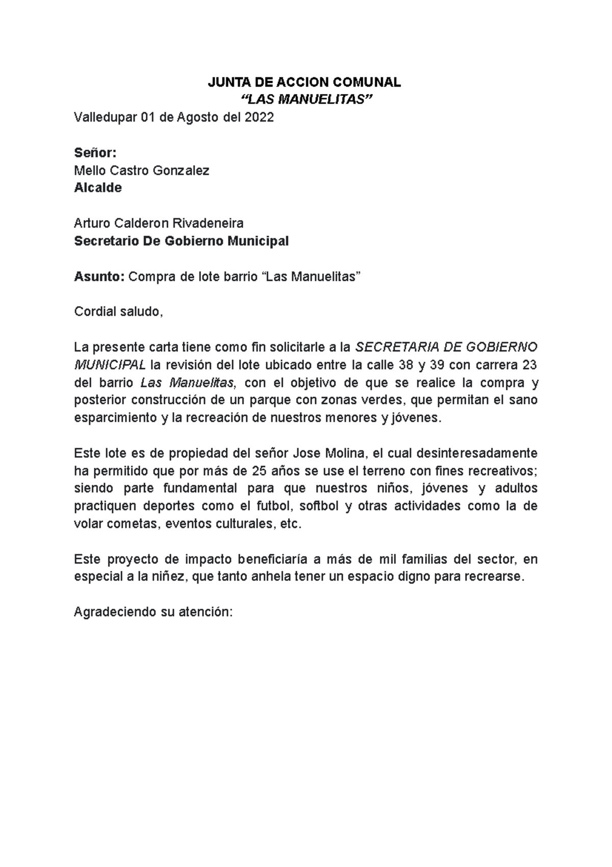 Junta DE Accion Comunal JUNTA DE ACCION COMUNAL Valledupar 01 de