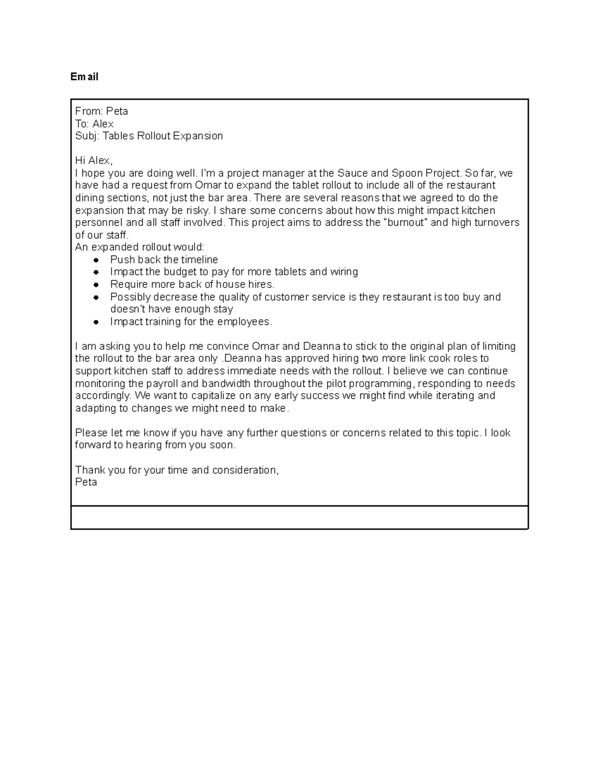 Activity Template Email Coalition - Email From: Peta To: Alex Subj ...