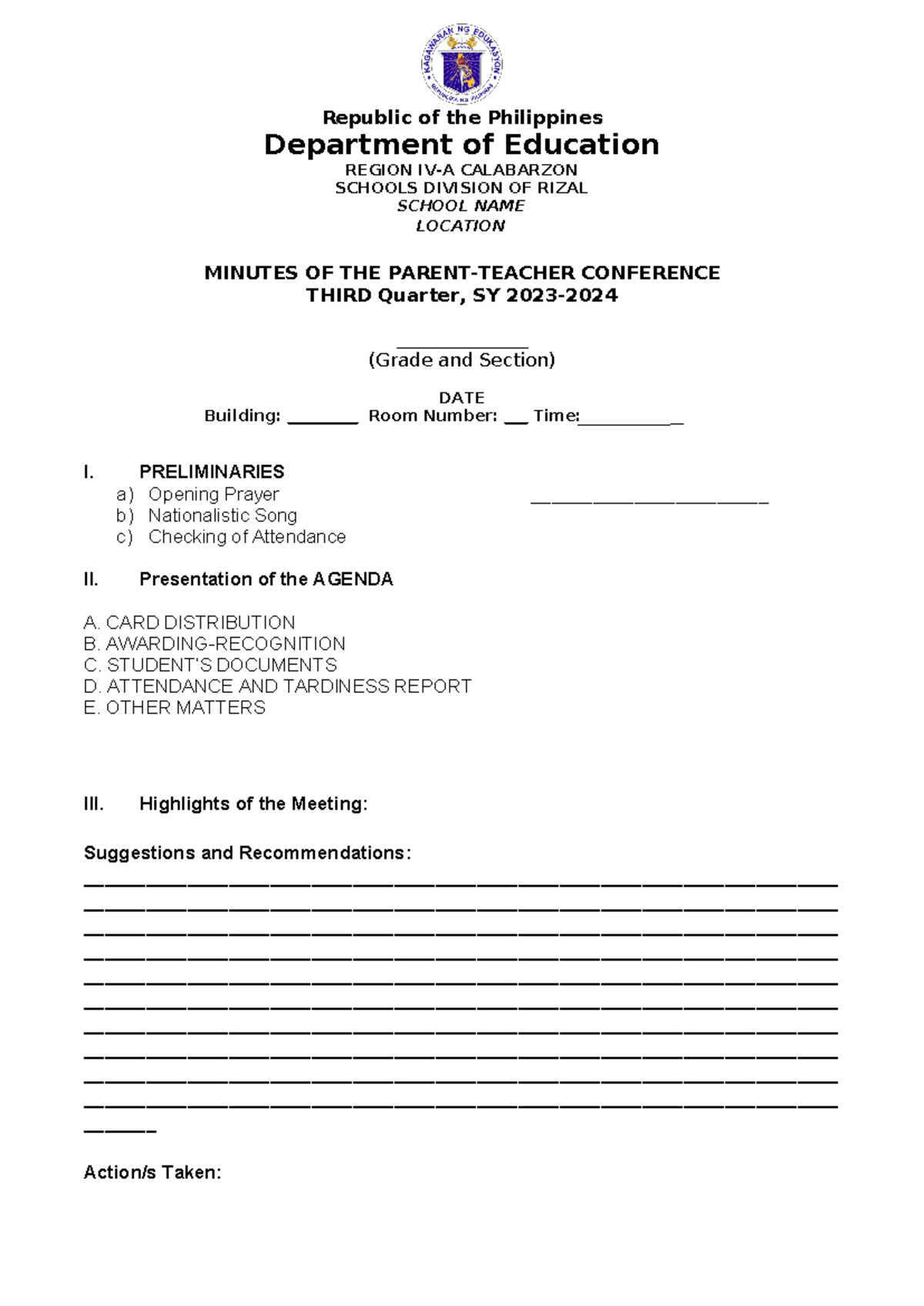 PTC Minutes and Attendance Templat E Republic of the Philippines Department of Education