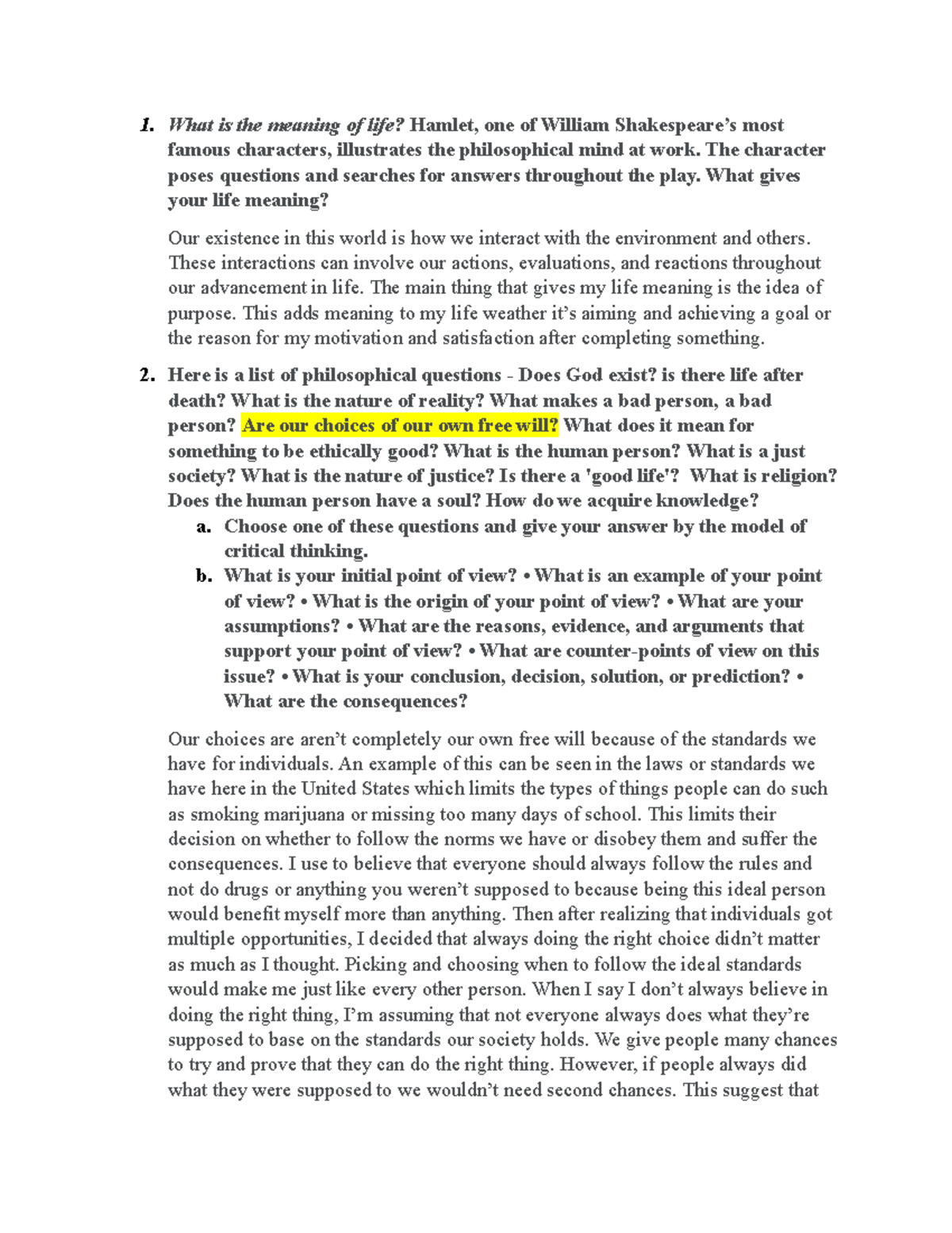 PHIL Chapter 1 Reading Assignment - 1. What is the meaning of life ...