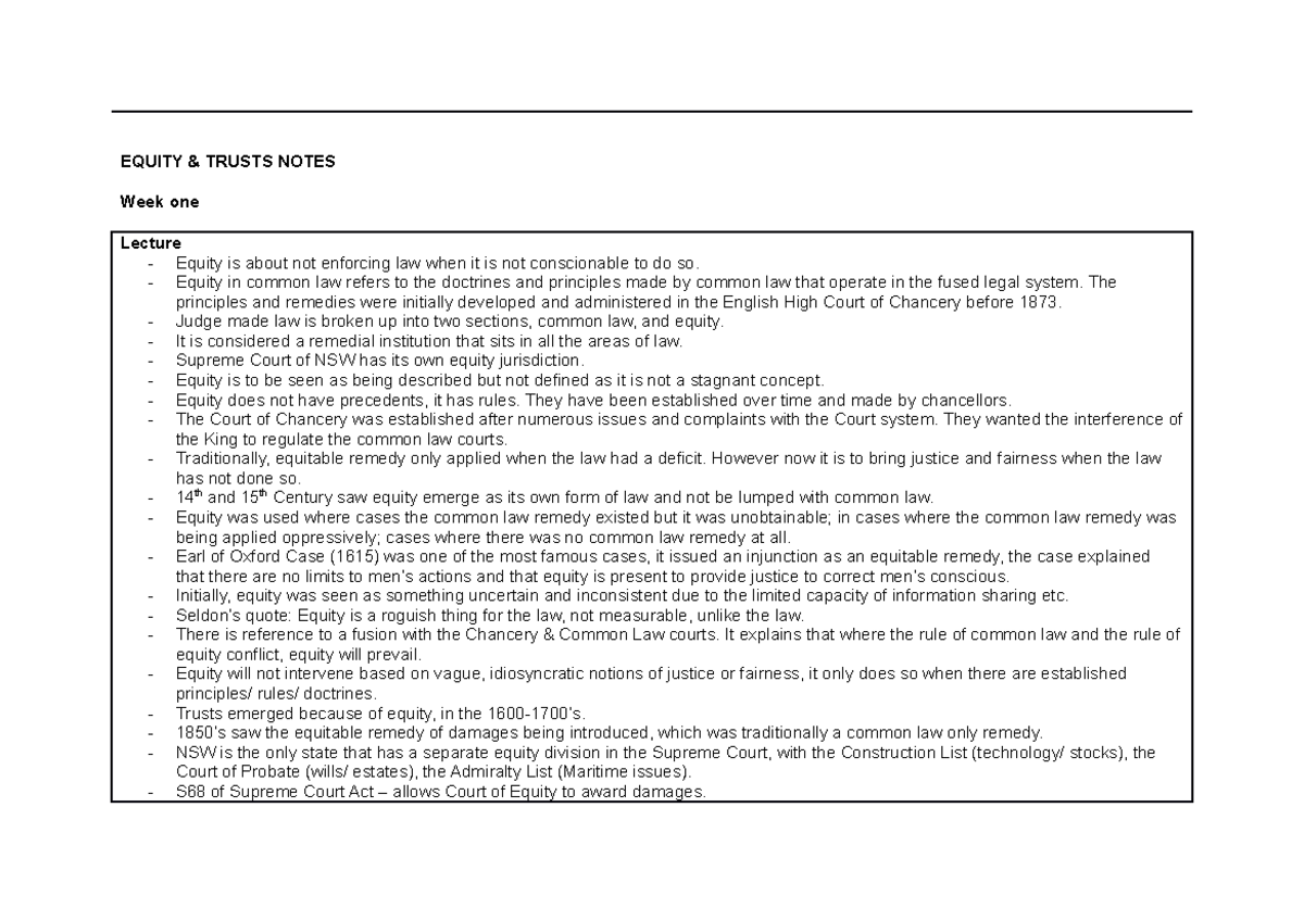 Law340 Equity & Trusts Notes - EQUITY & TRUSTS NOTES Week one Lecture ...