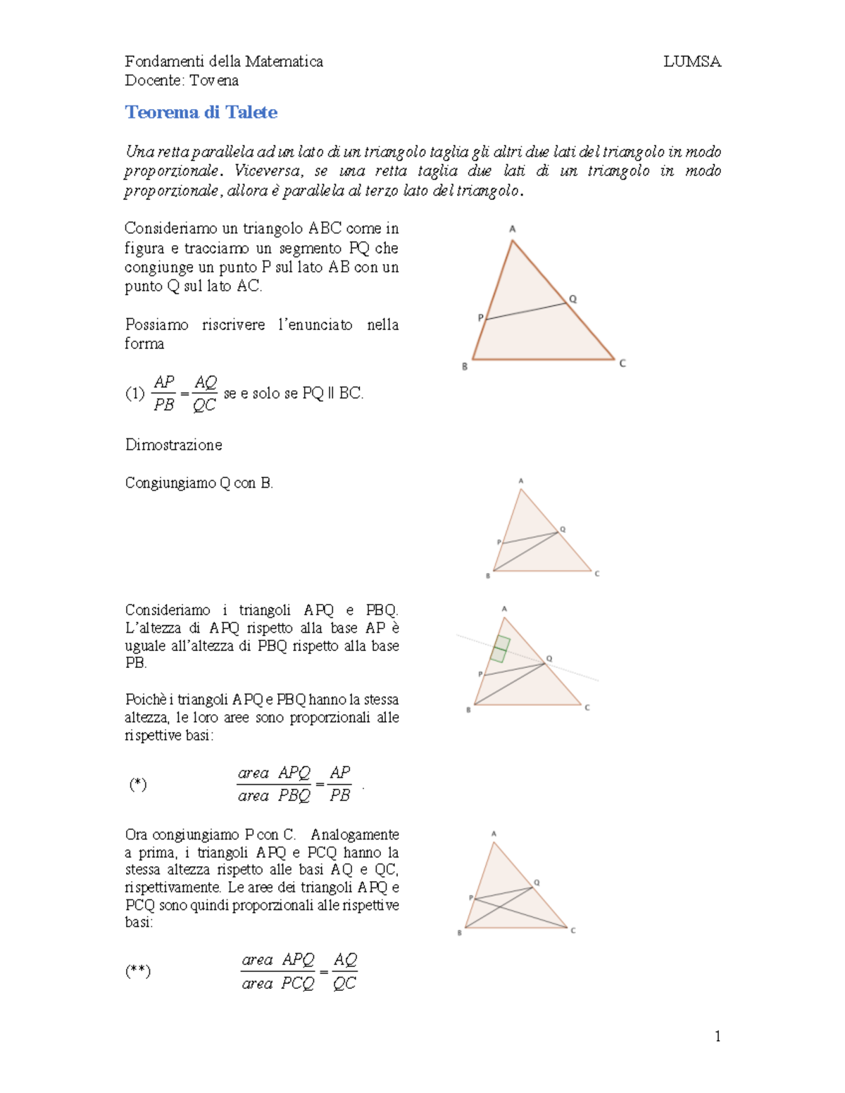 Il teorema matematico di talete Docente Tovena Teorema di Talete Una