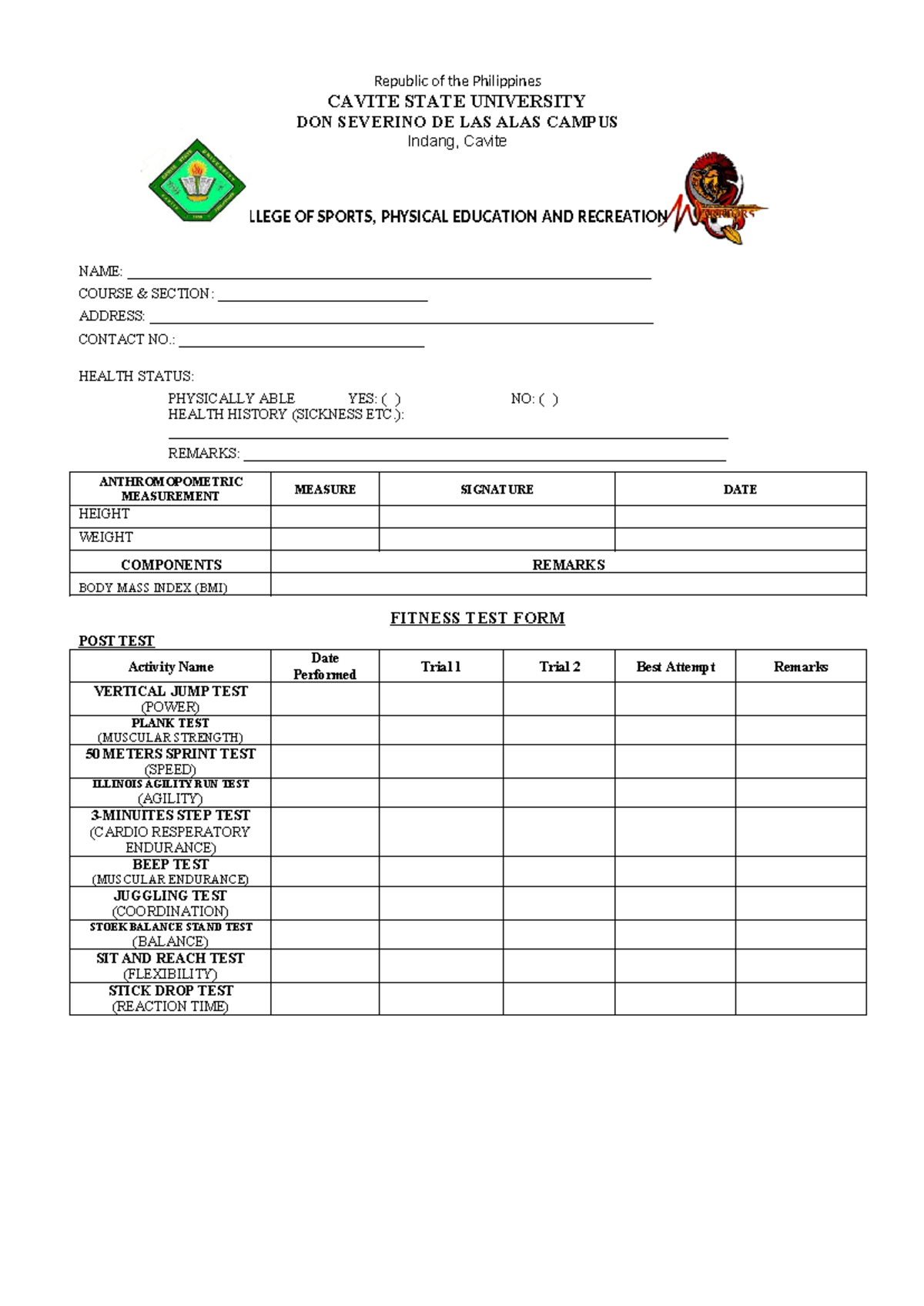 PFT FORM POST TEST - COLLEGE OF SPORTS, PHYSICAL EDUCATION AND ...