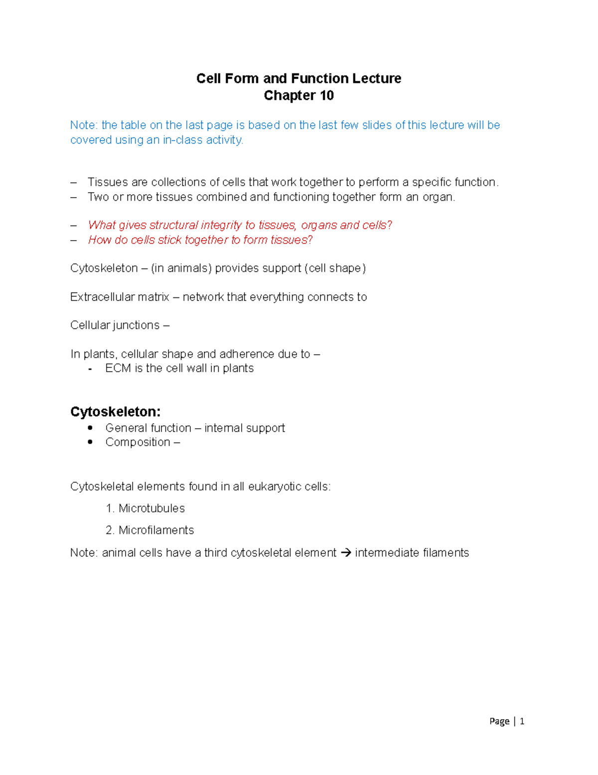Summary - Chapters 9-18 - Cell Form and Function Lecture Chapter 10 ...