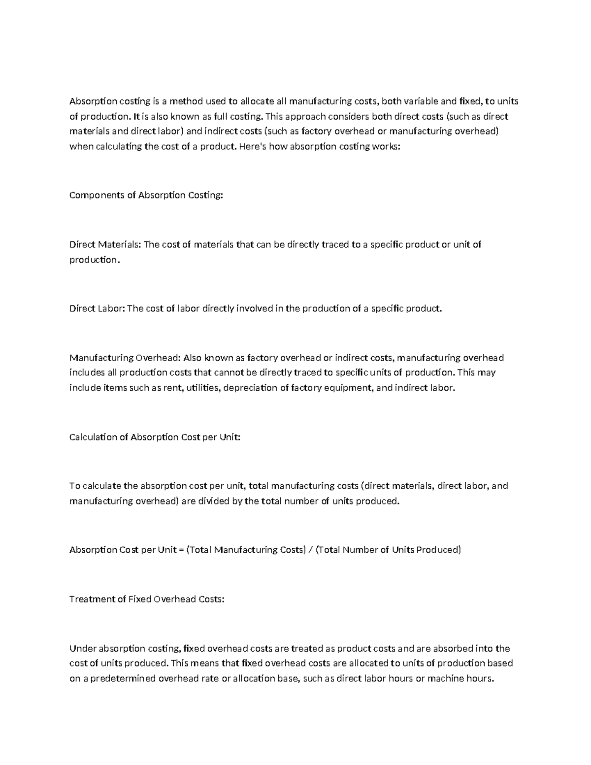 Costing method - sahre - Absorption costing is a method used to ...