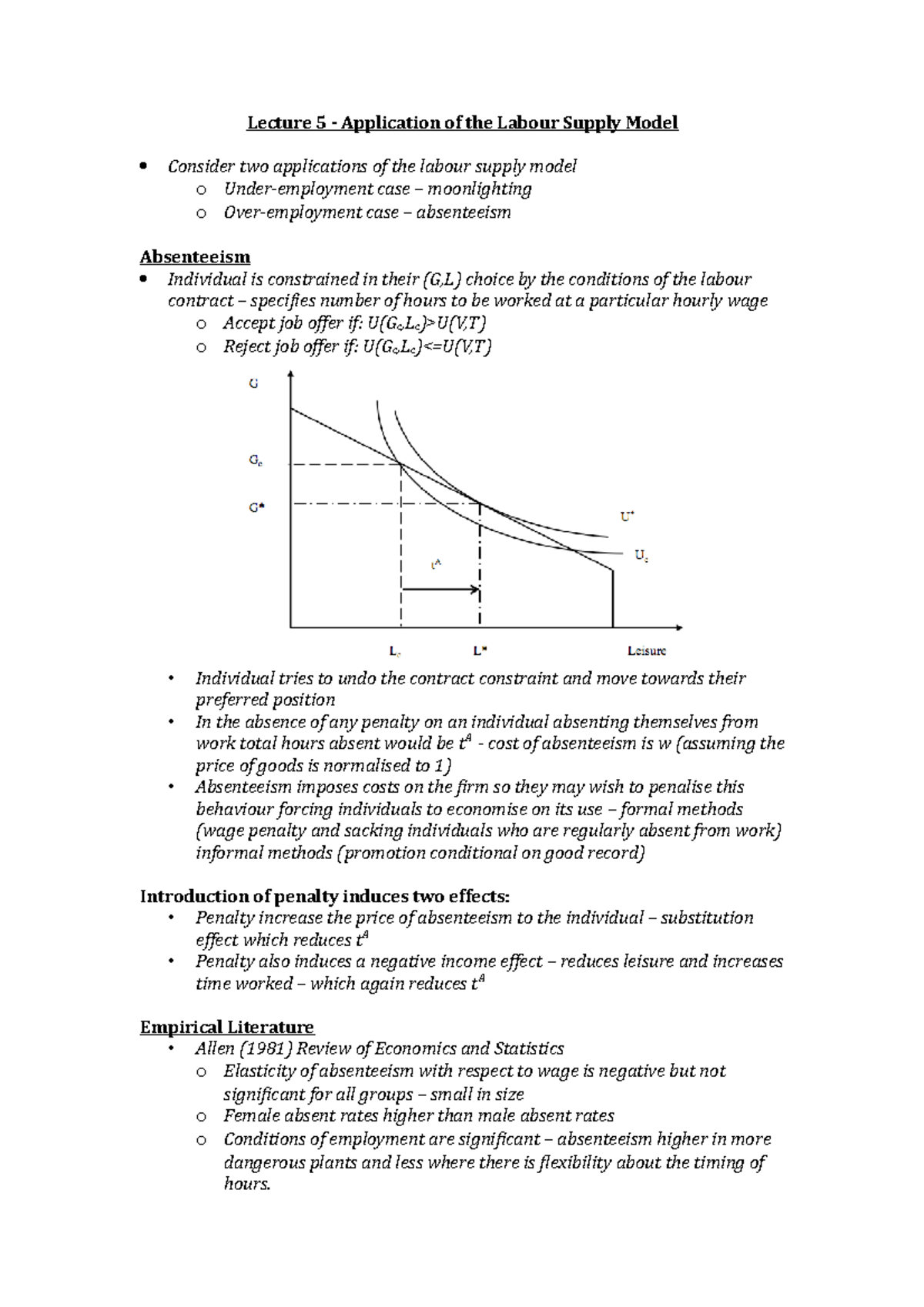 Lecture 5 - Application of the Labour Supply Model - • • o No ...