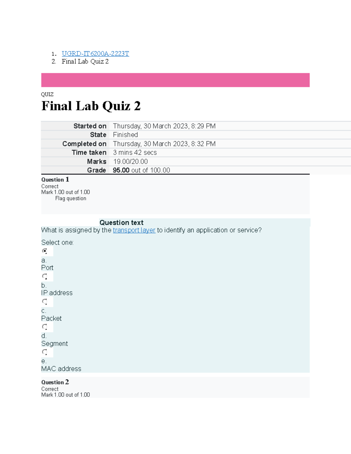 UGRD-IT6200A Data Communication And Networking 1 Final Lab Quiz 2 - 1 ...