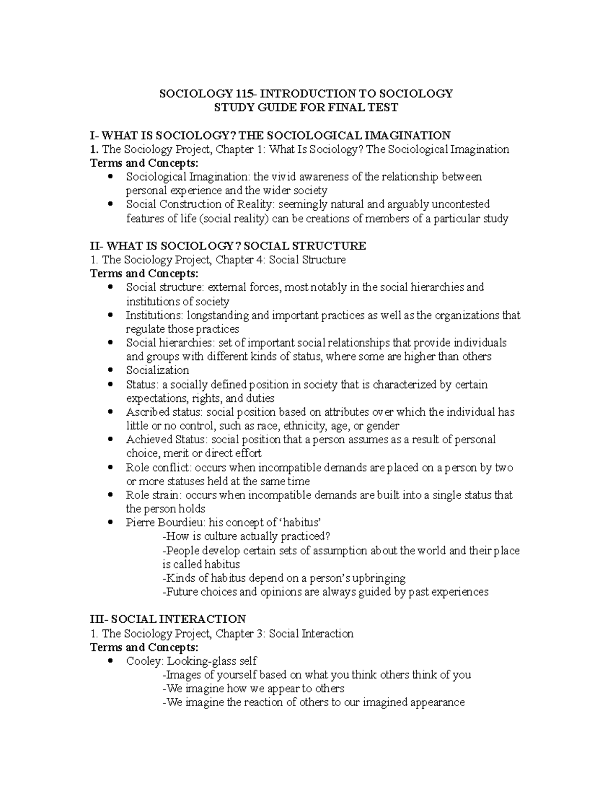 Final study guide - Notes from UAlbany class - SOCIOLOGY INTRODUCTION ...
