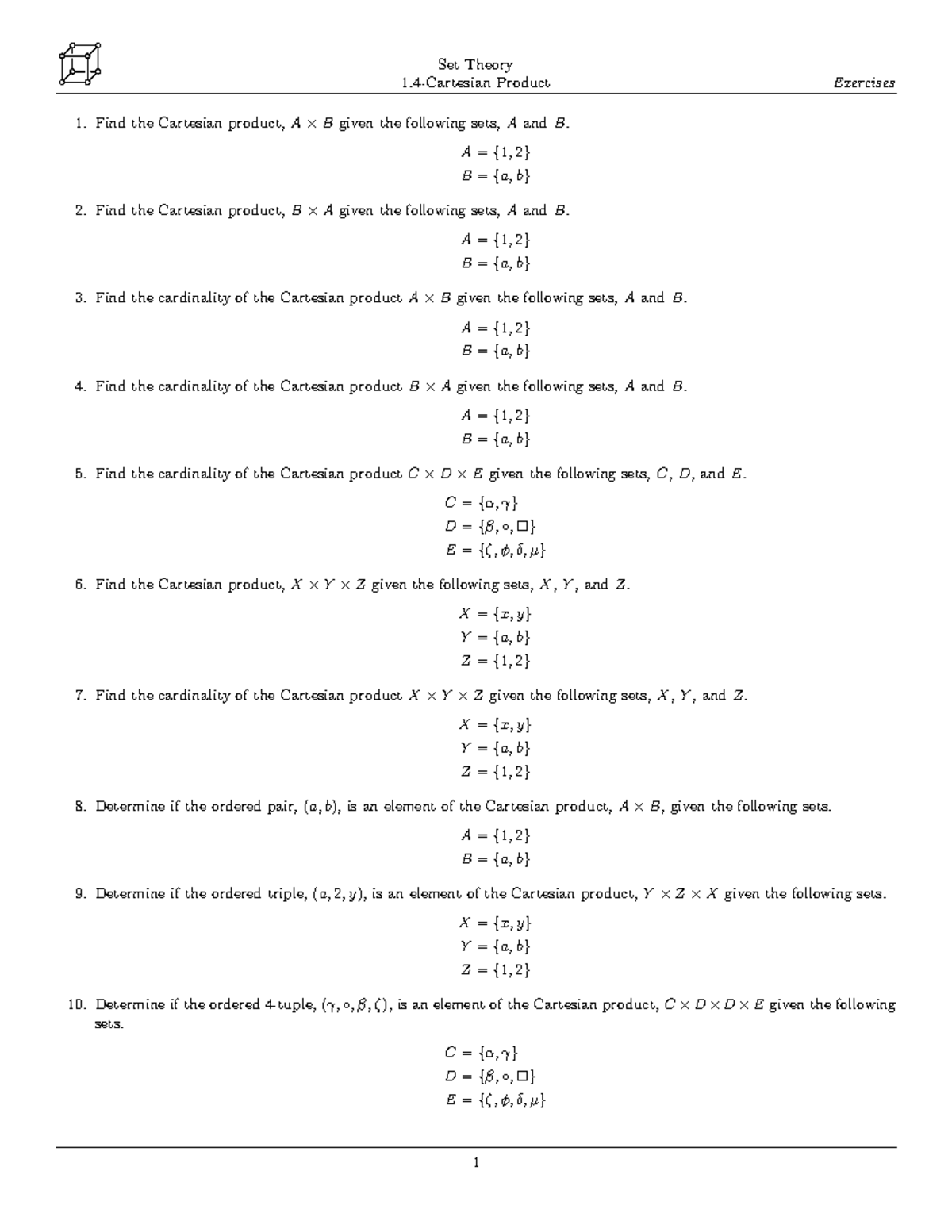 1 - CartesianProduct - Set Theory 1-Cartesian Product Exercises Find ...
