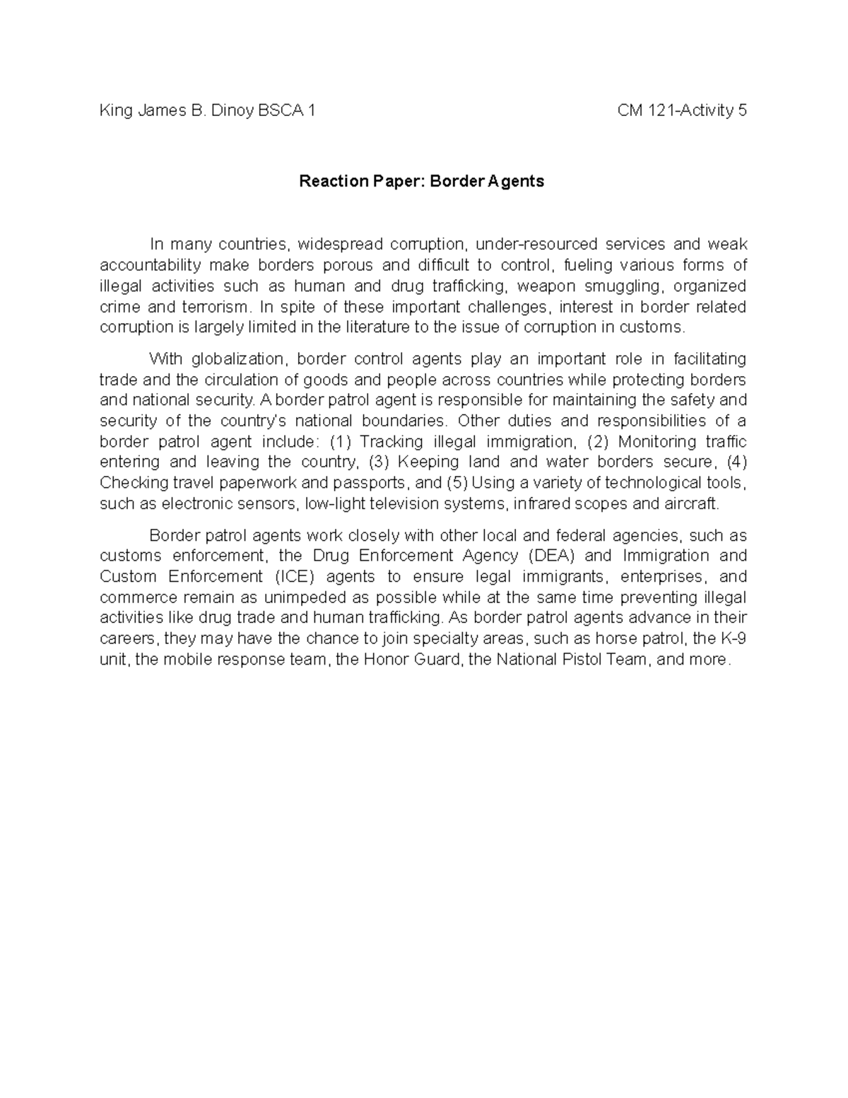 Activity 5 - Customs Operations and Cargo Handling - King James B ...
