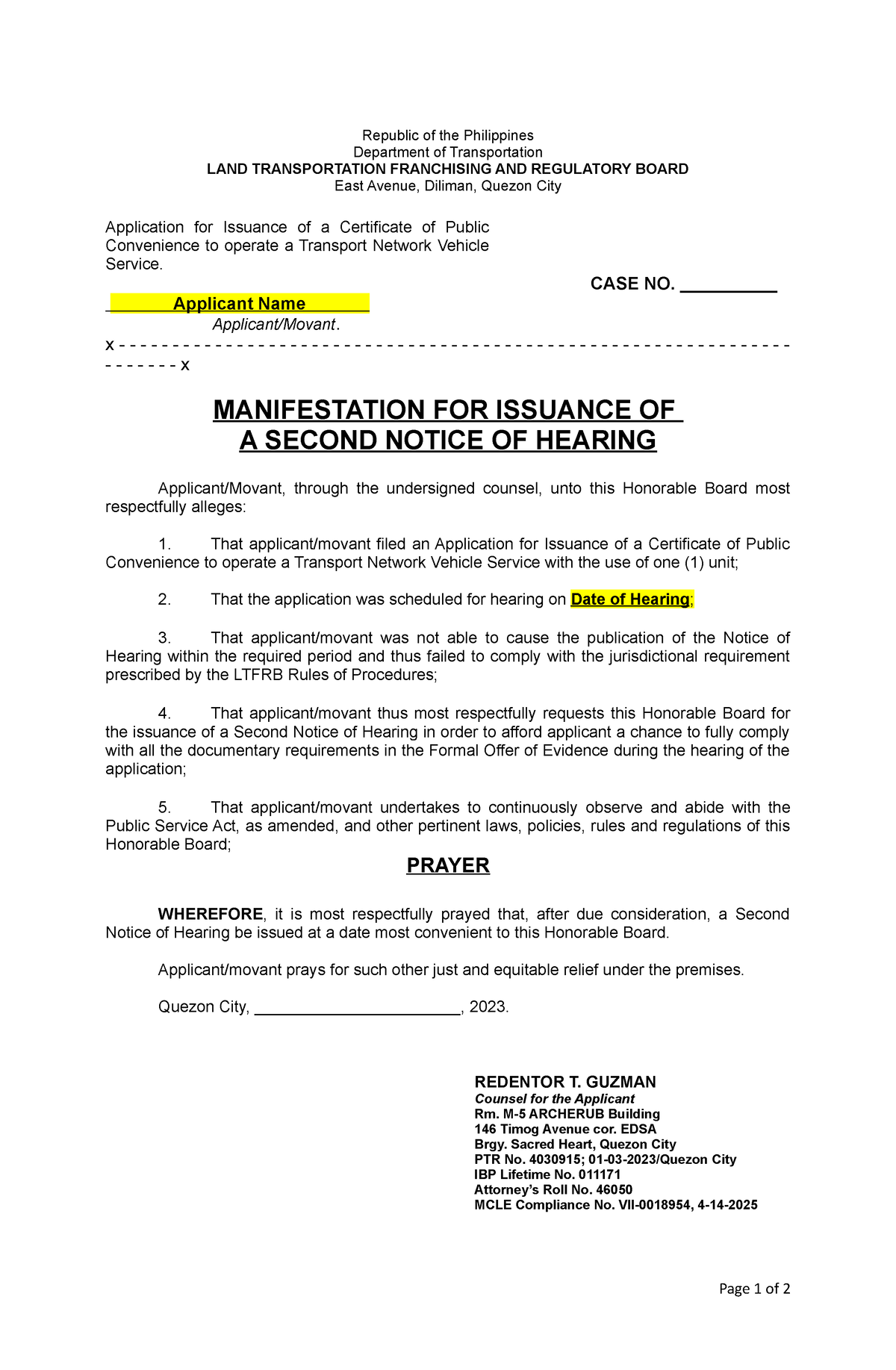 Manifestation For Issuance Of Second Notice - TNVS - Republic Of The ...