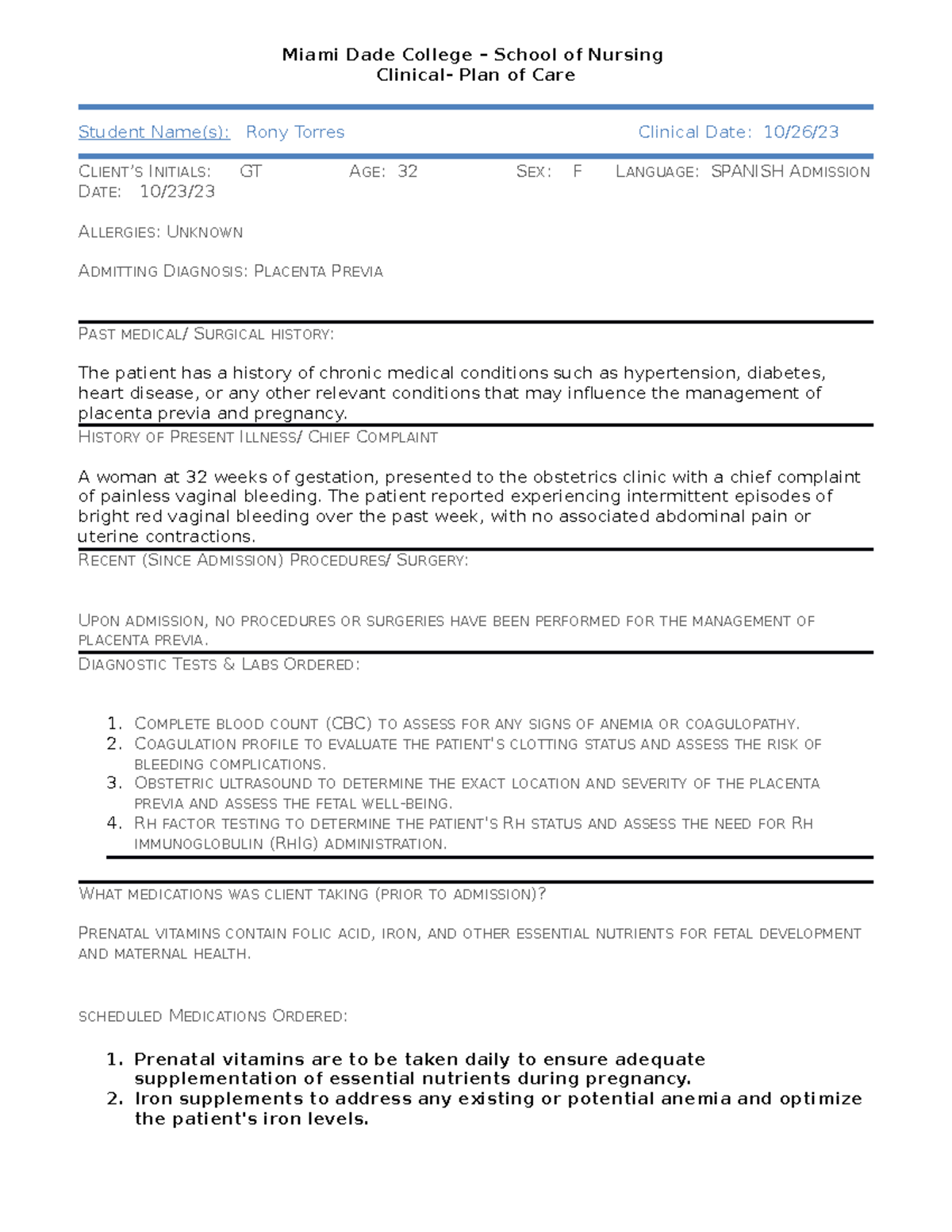 Care Plan- Format Completed for OB - Miami Dade College – School of ...