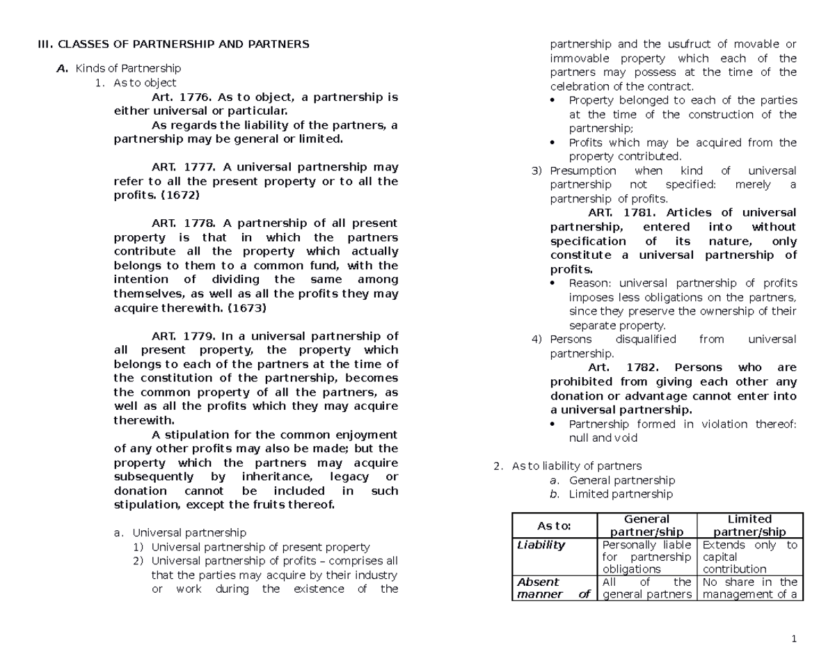 356067020-Partnership - III. CLASSES OF PARTNERSHIP AND PARTNERS A ...