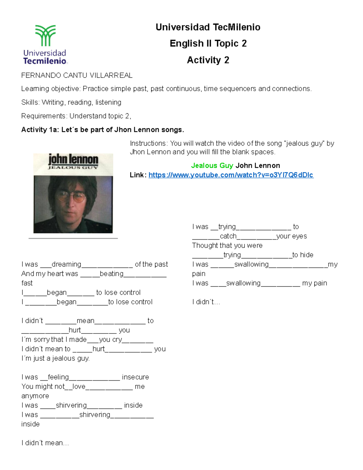 ACT4 Inglesii - ...... - Universidad TecMilenio English II Topic 2 ...