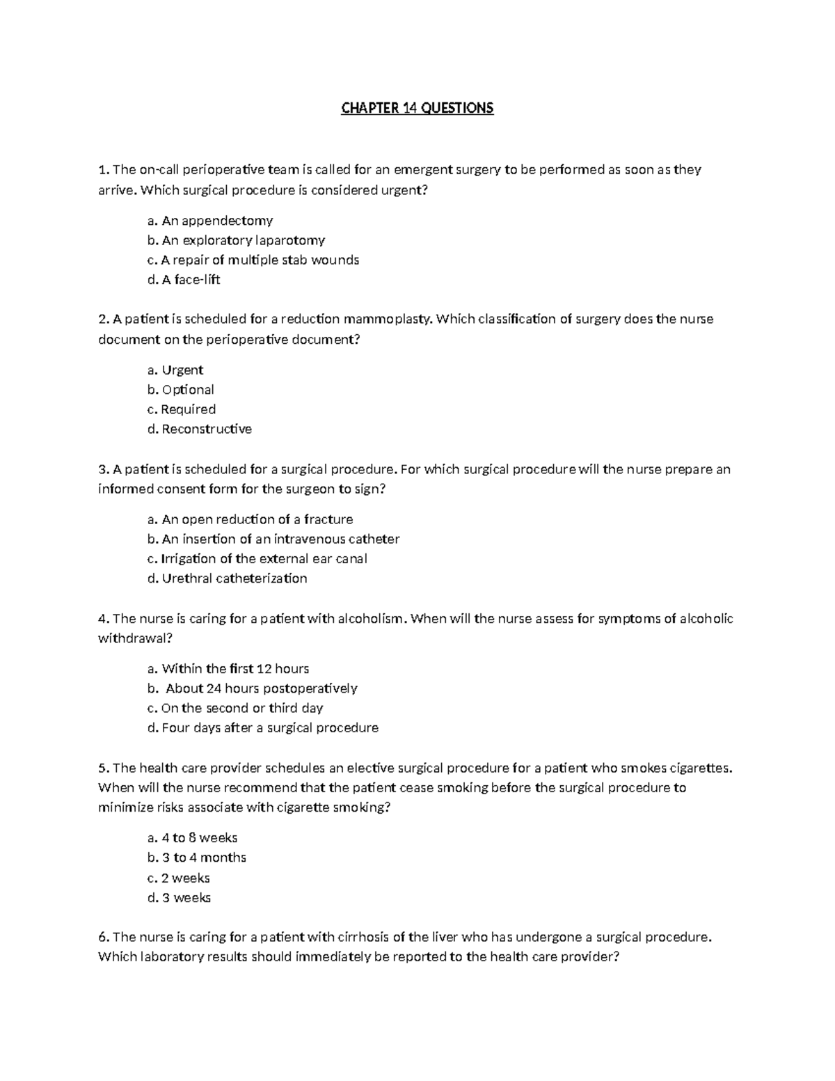 Exam 2 Practice Questions - CHAPTER 14 QUESTIONS The on-call ...