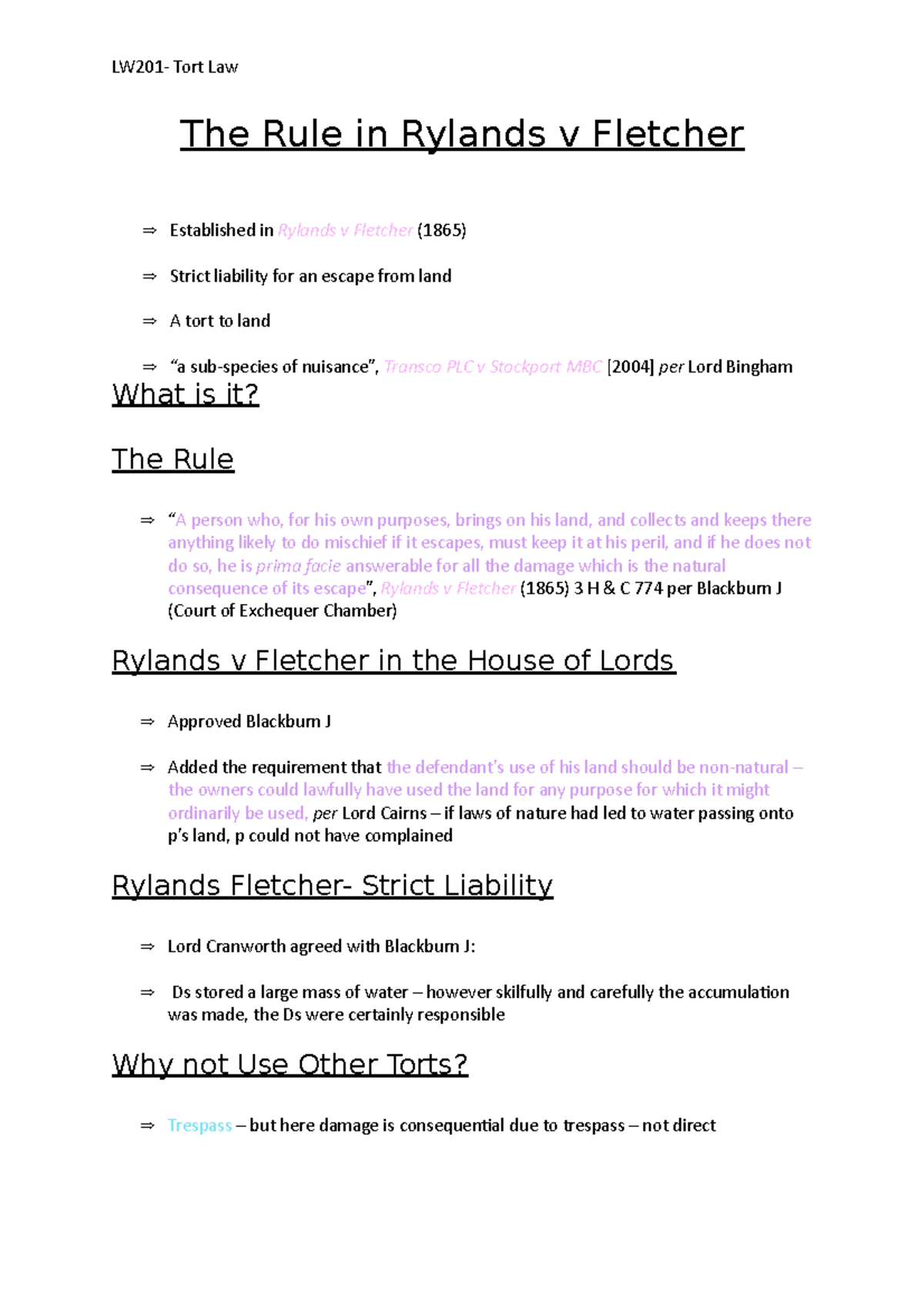 Tort Law: The Rule in Rylands v Fletcher and its Application - Studocu