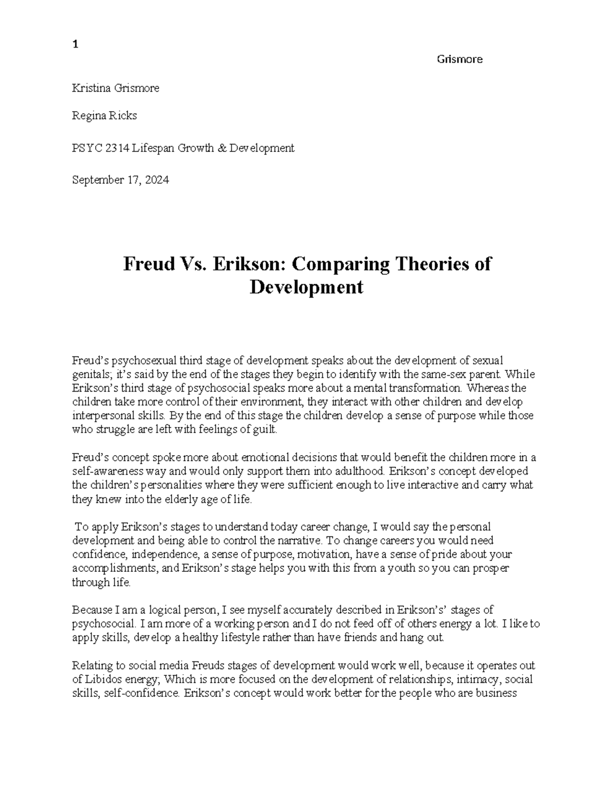 1 Freud Vs. Erikson- Comparing Theories of Development - 1 Grismore ...