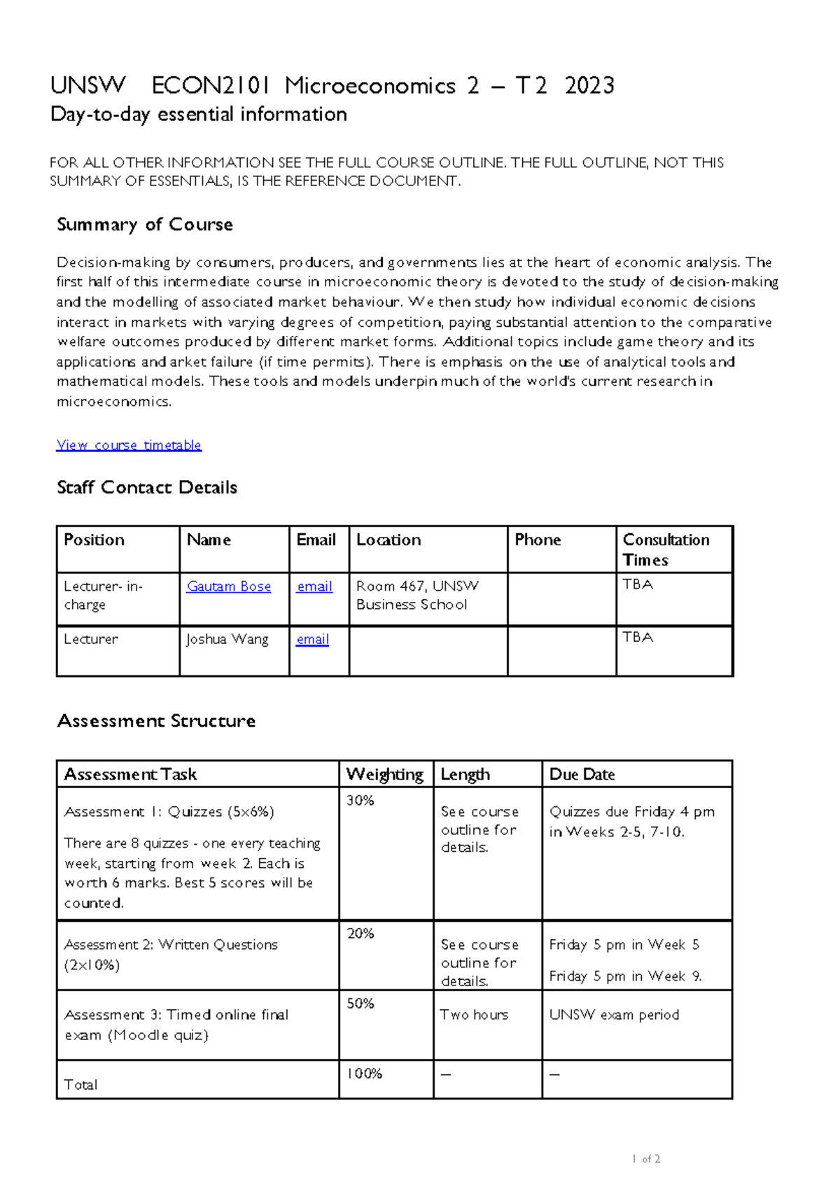 Course Outlines - 1 Of 2 UNSW ECON2101 Microeconomics 2 – T 2 2023 Day ...