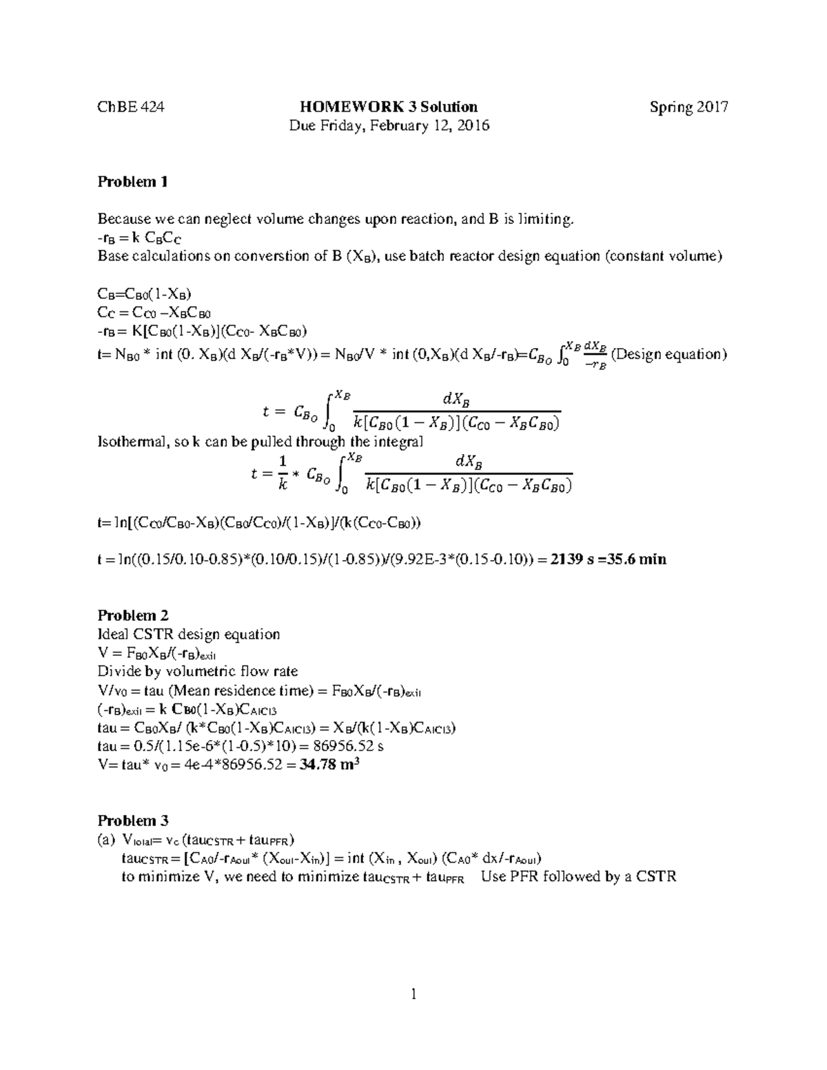 424 Homework 3 18S Solution - 1 ChBE 424 HOMEWORK 3 Solution Spring ...