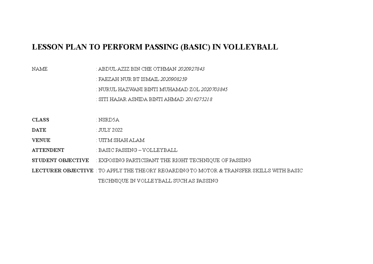 Group 2 - Passing in Volleyball ( Lesson PLAN) - LESSON PLAN TO PERFORM ...
