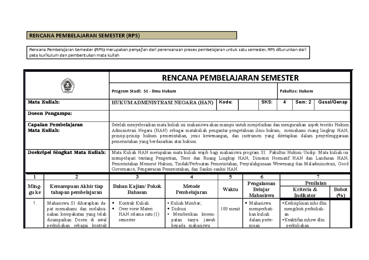 RPS HAN - RENCANA PEMBELAJARAN SEMESTER (RPS) Rencana Pembelajaran ...