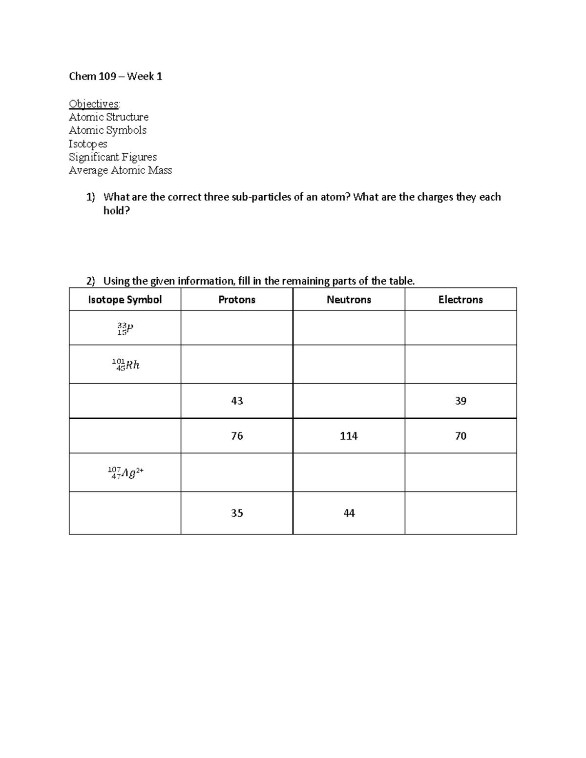 Chem 109 Reci Week One Worksheet - Chem 109 – Week 1 Objectives: Atomic ...