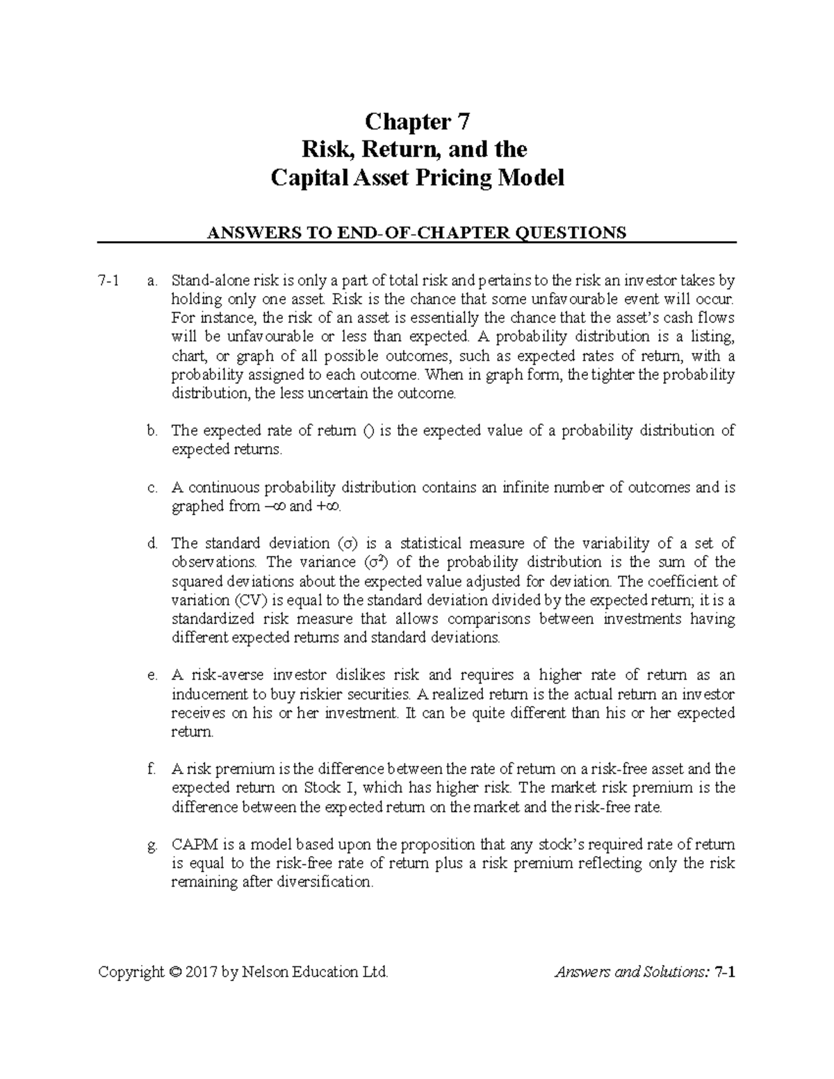 CH7 Solutions - Chapter 7 Risk, Return, And The Capital Asset Pricing ...