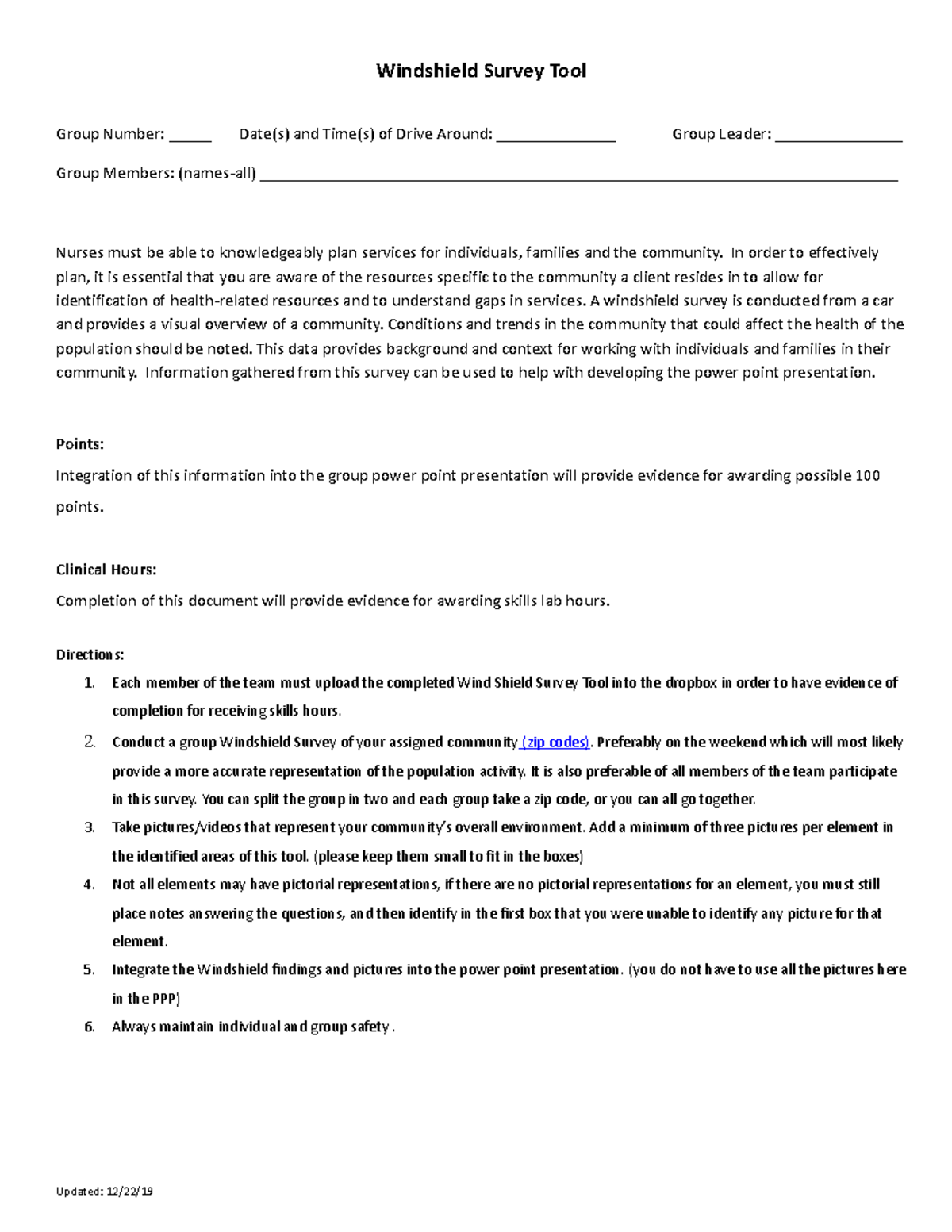 Blank Windshield Survey Tool - Group Number: _____ Date(s) and Time(s ...