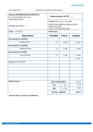 Nota de abono Factura rectificativa Periodicos - Actividad nº  8.................. Alumno/a Laura - Studocu
